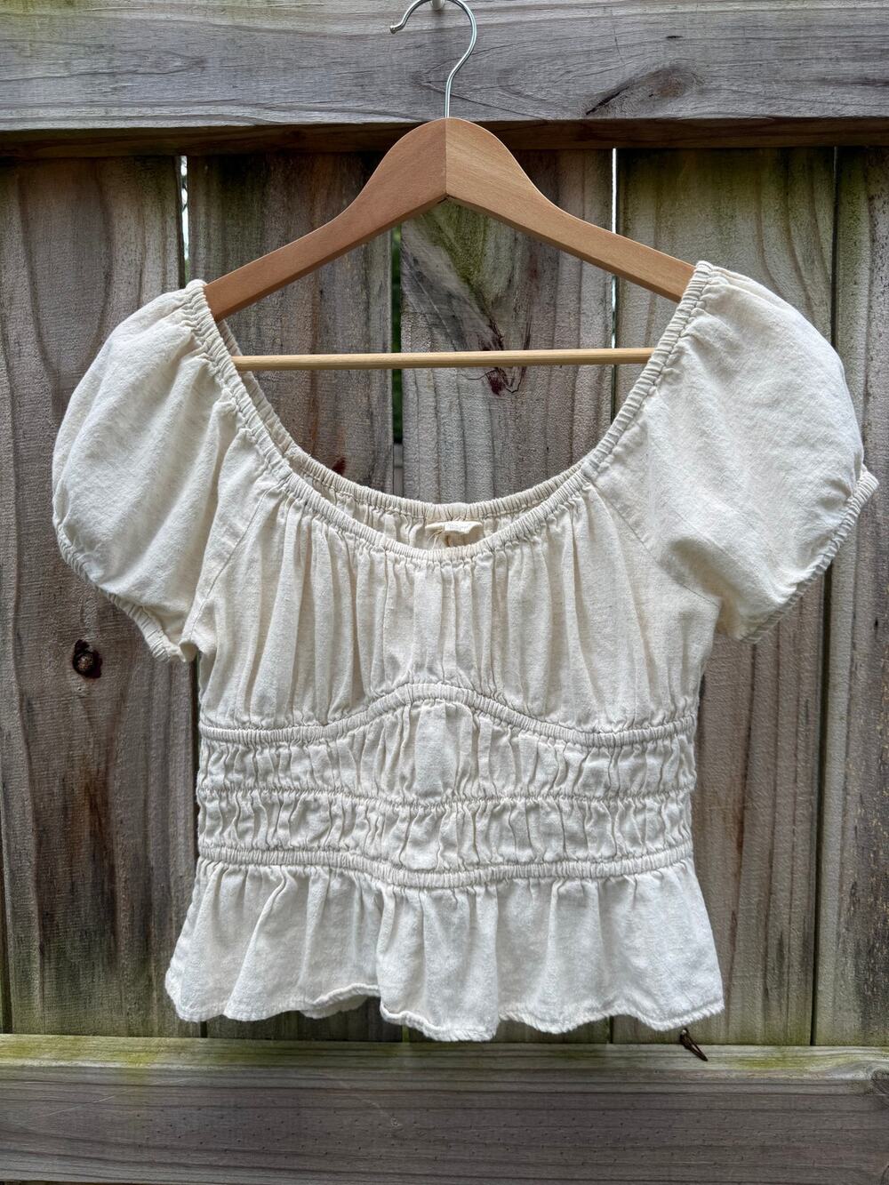 Linen Blend Smocked Puff Sleeve Peplum Top | Quiet Luxury Coastal